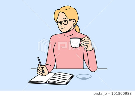 Woman drink coffee write in notebook 101860988