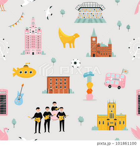 Colorful seamless pattern with must-see attractions of Liverpool Colorful seamless pattern with must-see attractions of Liverpool 101861100