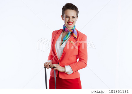 happy stylish flight attendant woman on white 101861131
