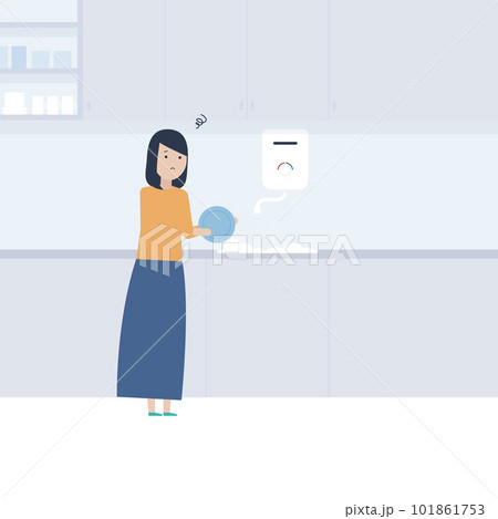 ガス給湯器からお湯が出ずに困っている主婦のイラスト素材 ガス給湯器からお湯が出ずに困っている主婦のイラスト素材 101861753