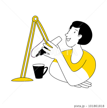 Radio host doodle drawing. Female podcaster speaking to mic microphone 101861818