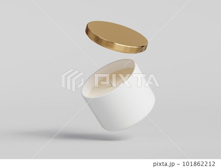 White ceramic candle jar with gold lid open floating mockup, 3D render 101862212
