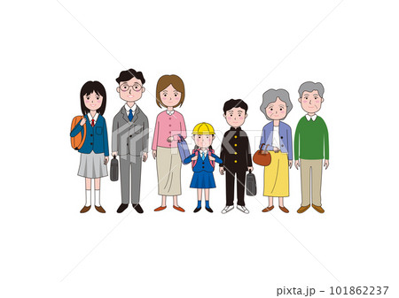 仲のいい7人家族が整列しているイラスト 101862237