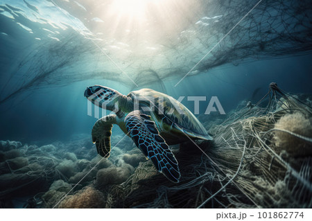 Majestic sea turtle swims through a sea of plastic pollution, highlighting impact of human activity on the natural world. The image is a call to action for environmental sustainability. AI Generative. Majestic sea turtle swims through a sea of plastic pollution, highlighting impact of human activity on the natural world. The image is a call to action for environmental sustainability. AI Generative. 101862774