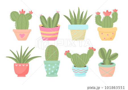 Cute cactuses in pot set. Trendy pastel colors. Exotic and tropical domestic plants. Cute cactuses in pot set. Trendy pastel colors. Exotic and tropical domestic plants. 101863551