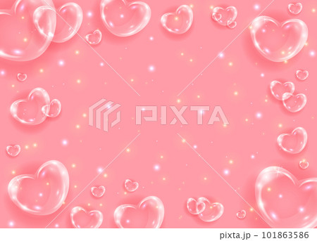 Realistic transparent 3d hearts glass effect background. Glossy soap bubble hearts on pink background with shiny dots. Valentines day banner. 101863586