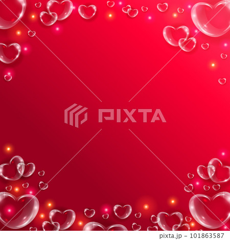 Realistic transparent hearts glass effect background. Glossy soap bubble 3d hearts on red background with glitter. 101863587