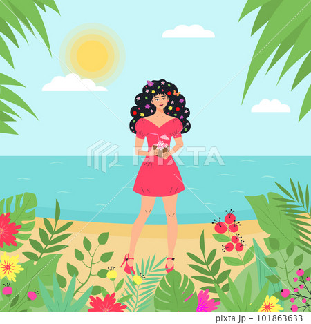 Summer exotic seascape with a girl holding a coconut cocktail. Tropical beach with palms leaves, flowers and plants. Summer exotic seascape with a girl holding a coconut cocktail. Tropical beach with palms leaves, flowers and plants. 101863633