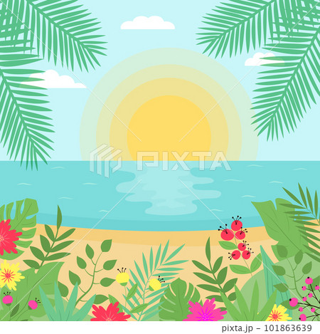 Summer exotic seascape. Tropical beach with palms leaves, flowers and plants. Sunset or sunrise at the sea. 101863639