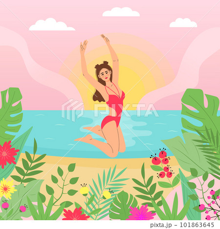Beautiful girl in a swimsuit jumping on the beach. Summer exotic seascape. Tropical flowers and plants around. 101863645