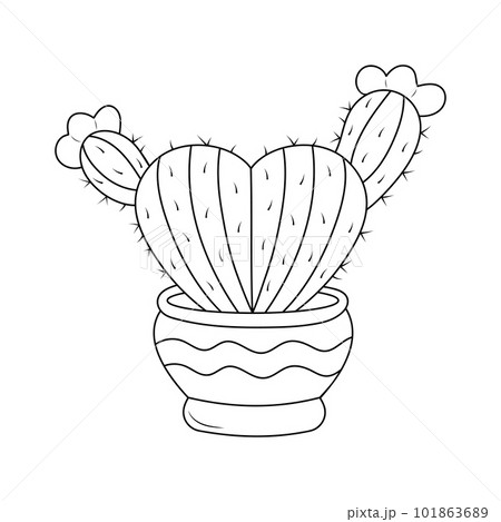 Cute flowering cactus in a pot in the shape of a heart. Hand drawn illustration in doodle style. Cute flowering cactus in a pot in the shape of a heart. Hand drawn illustration in doodle style. 101863689