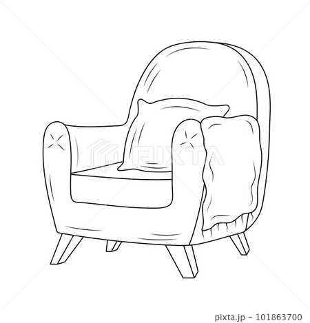 Cozy hygge armchair with pillow and plaid. Hand drawn illustration in doodle style. Cozy hygge armchair with pillow and plaid. Hand drawn illustration in doodle style. 101863700