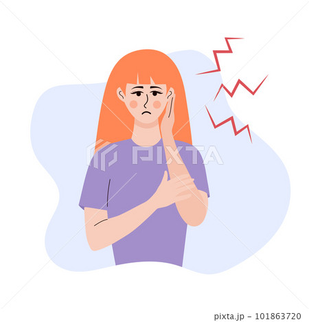 Sad woman with earache. Pain, otitis, tinnitus, inflammation in human ear. 101863720