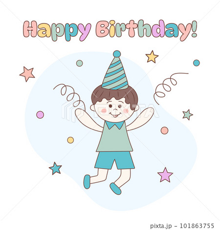 Cute little kawaii boy with party hat and confetti. Happy Birthday text. Hand drawn doodle illustration. 101863755