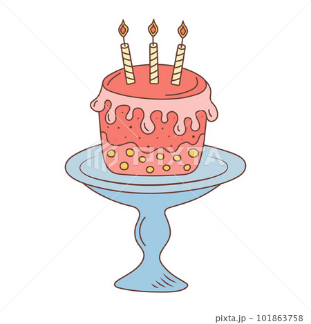 Cake with candles on a plate. Birthday, celebration, holiday, party concept. Hand drawn doodle illustration. 101863758