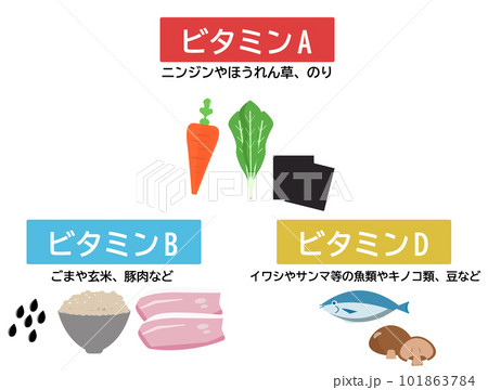 ビタミンAとビタミンBとビタミンCの食品。ビタミンが含まれる食べ物一覧。イラストセット。ベクター 101863784