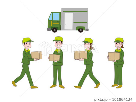 宅配業の男性と女性と配送車のイラスト 101864124