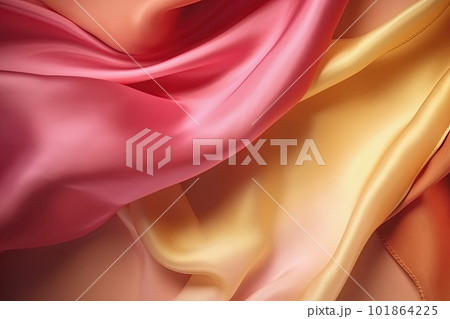 Satin texture pink and yellow gradient fabric background, silk backdrop, closeup. Generative AI 101864225