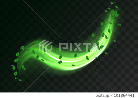 Abstract wind swirls with green leaves and sparkles isolated. Vector realistic set of magic air vortex, light twirls with particles. Design element of fresh and clean Abstract wind swirls with green leaves and sparkles isolated. Vector realistic set of magic air vortex, light twirls with particles. Design element of fresh and clean 101864441