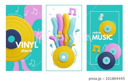Set of bright vertical flyers about retro music 3D style, vector illustration 101864445