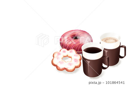 イラスト素材・カップホルダー付き紙コップのホットコーヒー&ドーナッツ各2 白背景 色違い・差分あり 101864541
