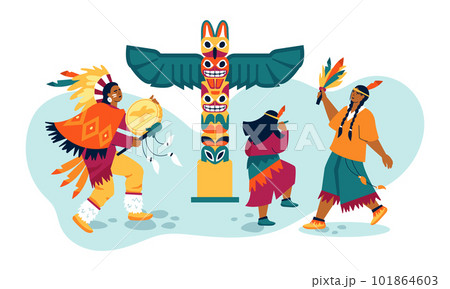 Ritual dance around the totem - modern colored vector illustration Ritual dance around the totem - modern colored vector illustration 101864603