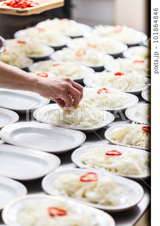 Chopped cabbage in a white plates 101864846