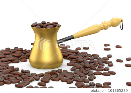 Turkish coffee cooked in sand or maker cezve with coffee bean on white 101865289