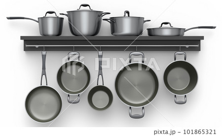 Set of stewpot, frying pan and chrome plated cookware hanging on shelf on white 101865321