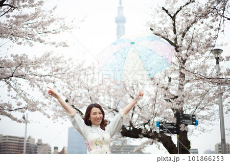 隅田公園の桜と女性 101866253
