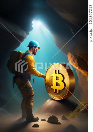 Bitcoin miner extracting bitcoin coins inside a mine (concept)(AI Generative) Bitcoin miner extracting bitcoin coins inside a mine (concept)(AI Generative) 101867213