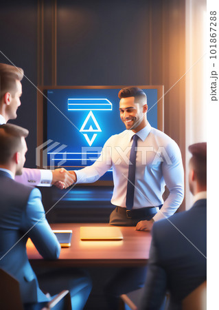 Businessmen shaking hands because they have closed a deal with ethereum smart contracts (AI Generative) Businessmen shaking hands because they have closed a deal with ethereum smart contracts (AI Generative) 101867288