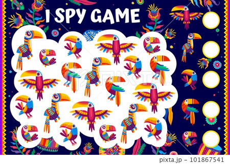 I spy game worksheet with Mexican cartoon toucan birds, vector puzzle quiz. Find and match two same tropical birds, kids riddle game with colorful toucans and Mexican jungle flowers 101867541