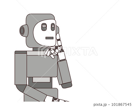 あごに手を当て考え事をしているロボットの白黒イラスト あごに手を当て考え事をしているロボットの白黒イラスト 101867545