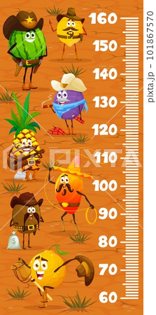 Kids height chart ruler cartoon fruit cowboy, ranger, sheriff and robber characters. Vector measurement scale with lemon, watermelon, plum and pineapple, mango, kiwi with orange western personages 101867570