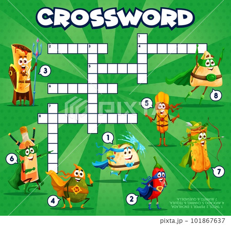 Crossword grid superhero cartoon mexican tex mex food characters, quiz game. Find a word vector worksheet with tacos, enchilada, pepper, avocado and charro. Tequila, burrito and quesadilla personages 101867637