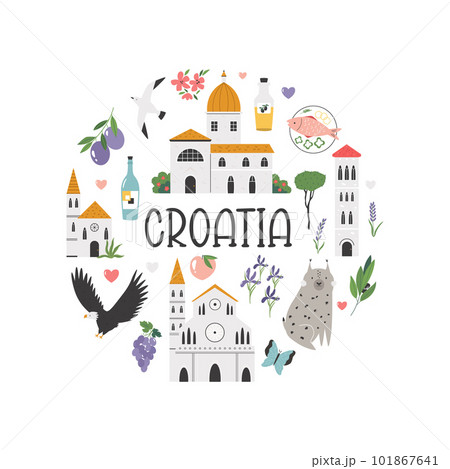 Colorful circle design with famous landmarks, symbols of Croatia 101867641
