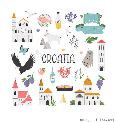 Colorful design with famous landmarks, symbols of Croatia 101867644