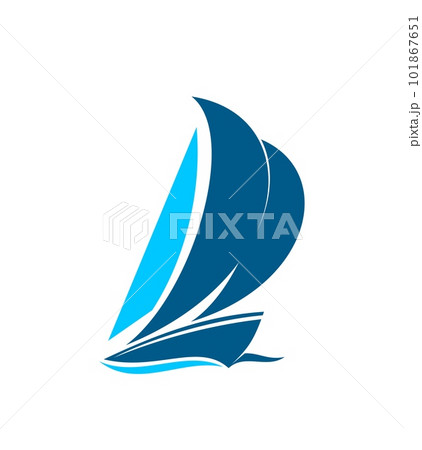 Yacht on sails icon, boat or sailboat and marine regatta, yachting club vector symbol. Sea cruise, nautical sport tourism and yacht sailing adventure team badge of yacht sailing on water wave line 101867651