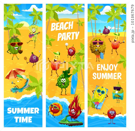 Cartoon fruits characters on summer vacation, beach party. Vector banners with feijoa, grapes, figs and melon, plum, papaya, bergamot and dragon or star fruit. Durian, pear, lychee personages relax Cartoon fruits characters on summer vacation, beach party. Vector banners with feijoa, grapes, figs and melon, plum, papaya, bergamot and dragon or star fruit. Durian, pear, lychee personages relax 101867679