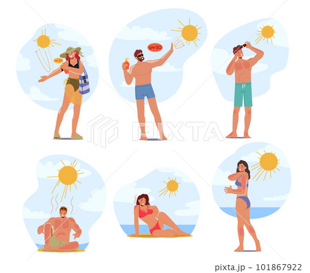 Male or Female Characters On Beach With Skin Sunburn, Experiencing Pain, Redness And Peeling Due To Exposure To Sun Rays Male or Female Characters On Beach With Skin Sunburn, Experiencing Pain, Redness And Peeling Due To Exposure To Sun Rays 101867922