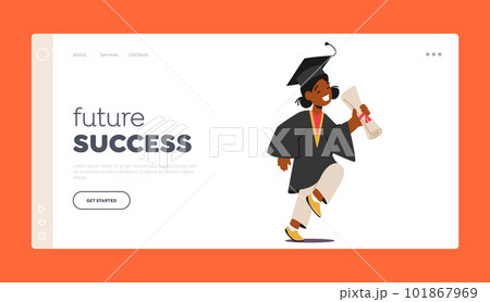 Future Success Landing Page Template. Kid Receive Graduation Diploma. Happy Little Girl in Gown Walk with Certificate Future Success Landing Page Template. Kid Receive Graduation Diploma. Happy Little Girl in Gown Walk with Certificate 101867969