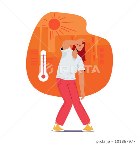 Woman Perspires, Wipes Forehead, Fans Herself, Appears Flushed And Uncomfortable. Faint Female Character Seeks Cooler 101867977