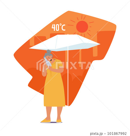 Senior Woman Character Experiencing Heat Discomfort, Feeling Warm And Sweaty, Cooling Herself with Water Bottle 101867992