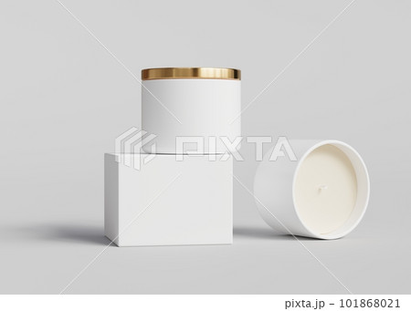 White ceramic candle jar with gold lid and empty box front view standing and laying mockup, 3D render 101868021