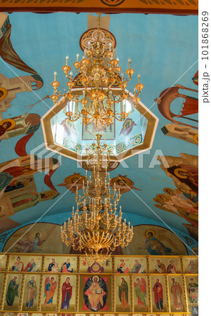 SHYMKENT, KAZAKHSTAN - JANUARY 24, 2023: Ancient ceiling painting with saints in the Church of Our Lady of Kazan SHYMKENT, KAZAKHSTAN - JANUARY 24, 2023: Ancient ceiling painting with saints in the Church of Our Lady of Kazan 101868269