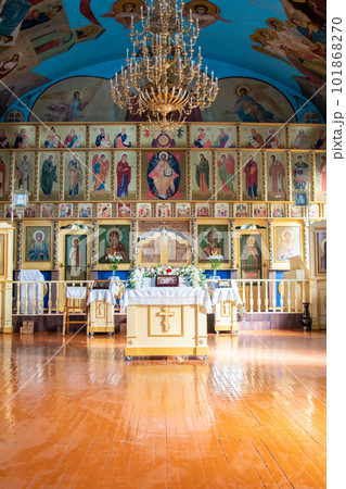 SHYMKENT, KAZAKHSTAN - JANUARY 24, 2023: interior of the temple in honor of the icon of the Mother of God of Kazan, Kazakhstan SHYMKENT, KAZAKHSTAN - JANUARY 24, 2023: interior of the temple in honor of the icon of the Mother of God of Kazan, Kazakhstan 101868270