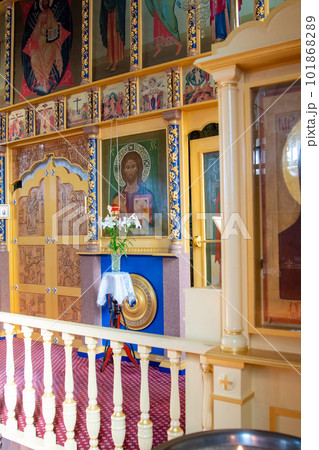 SHYMKENT, KAZAKHSTAN - JANUARY 24, 2023: interior of the temple in honor of the icon of the Mother of God of Kazan, Kazakhstan SHYMKENT, KAZAKHSTAN - JANUARY 24, 2023: interior of the temple in honor of the icon of the Mother of God of Kazan, Kazakhstan 101868289