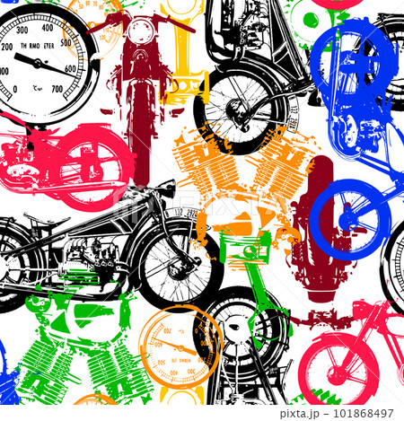 掠れたバイクやエンジンを組み合わせたポップな総柄, 101868497