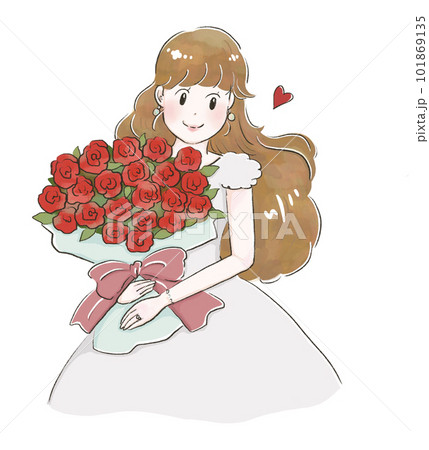 バラの花束を持つ花嫁のイラスト素材 [101869135] - PIXTA